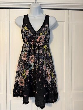 Free People Black Floral V-Neck Mini Dress with Floral Accents
